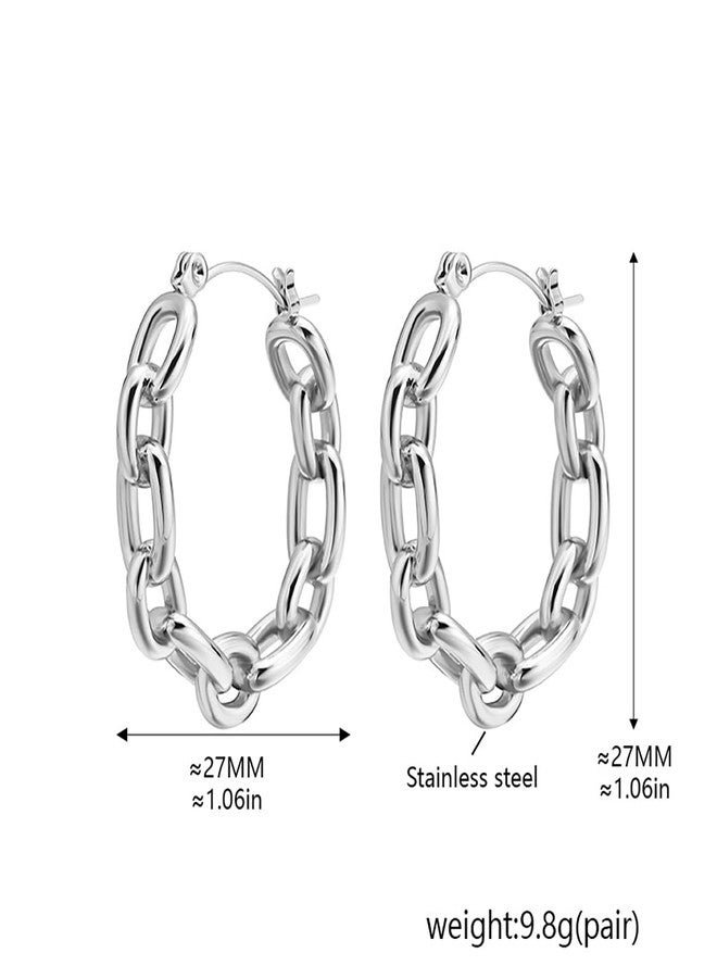 MarveBard 18k Gold Hoop Charm Earrings Dainty Stainless Steel Paperclip Link Chain Hoop Earrings Lightweight Hypoallergenic Huggie Hoops Earring Chunky Hoops Statement Earring Trendy Jewelry (Silver) - Image 2